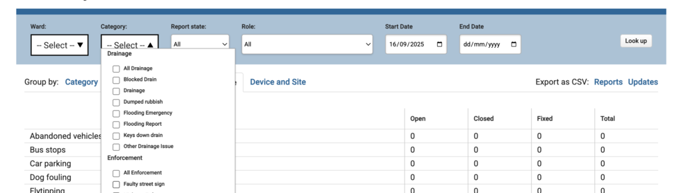 Use the category dropdown to filter stats by category
